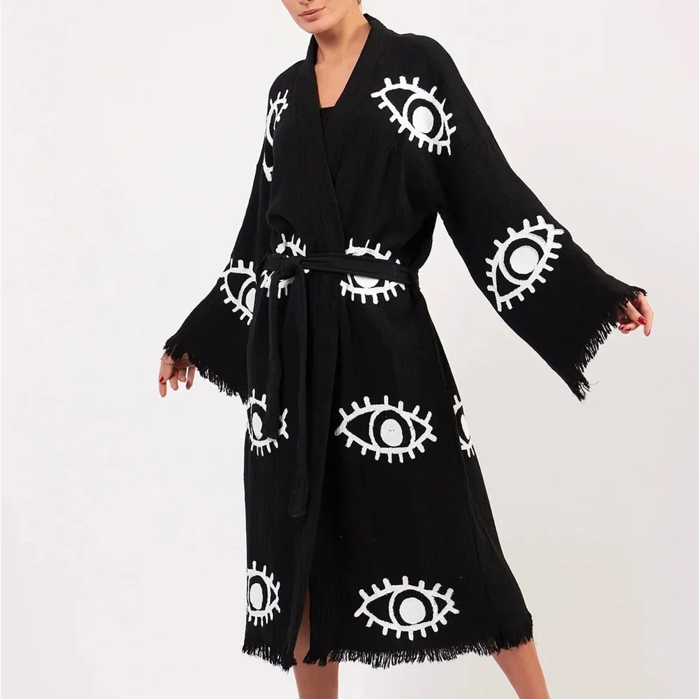 Cotton Muslin Black Evil Eye Kimono Cardigan Robe, Evil Eye Kimono, Ethnic Boho - Picture 3 of 4